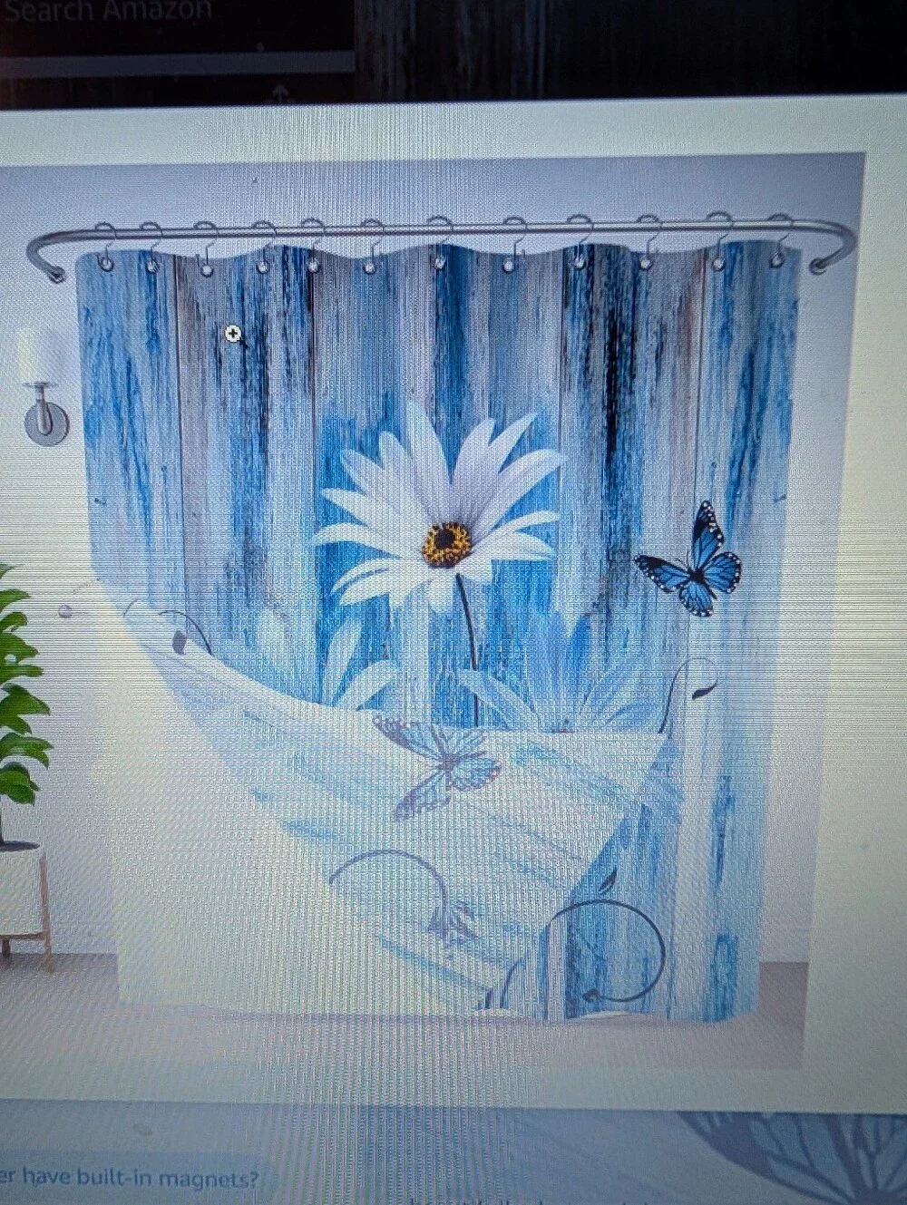 Blue Daisy & Butterfly Waterproof Shower Curtain by